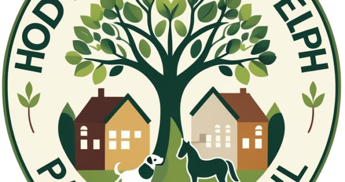 A circular logo for Hodthorpe & Belph Parish Council featuring a tree at the center, two houses in the background, and a dog and a horse facing each other in the foreground.