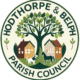 A circular logo for Hodthorpe & Belph Parish Council featuring a tree at the center, two houses in the background, and a dog and a horse facing each other in the foreground.