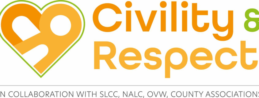 Logo with an orange and green heart shape on the left, and the words "Civility & Respect" in bold orange and green text. Below, it says "In collaboration with SLCC, NALC, OVW, County Associations.